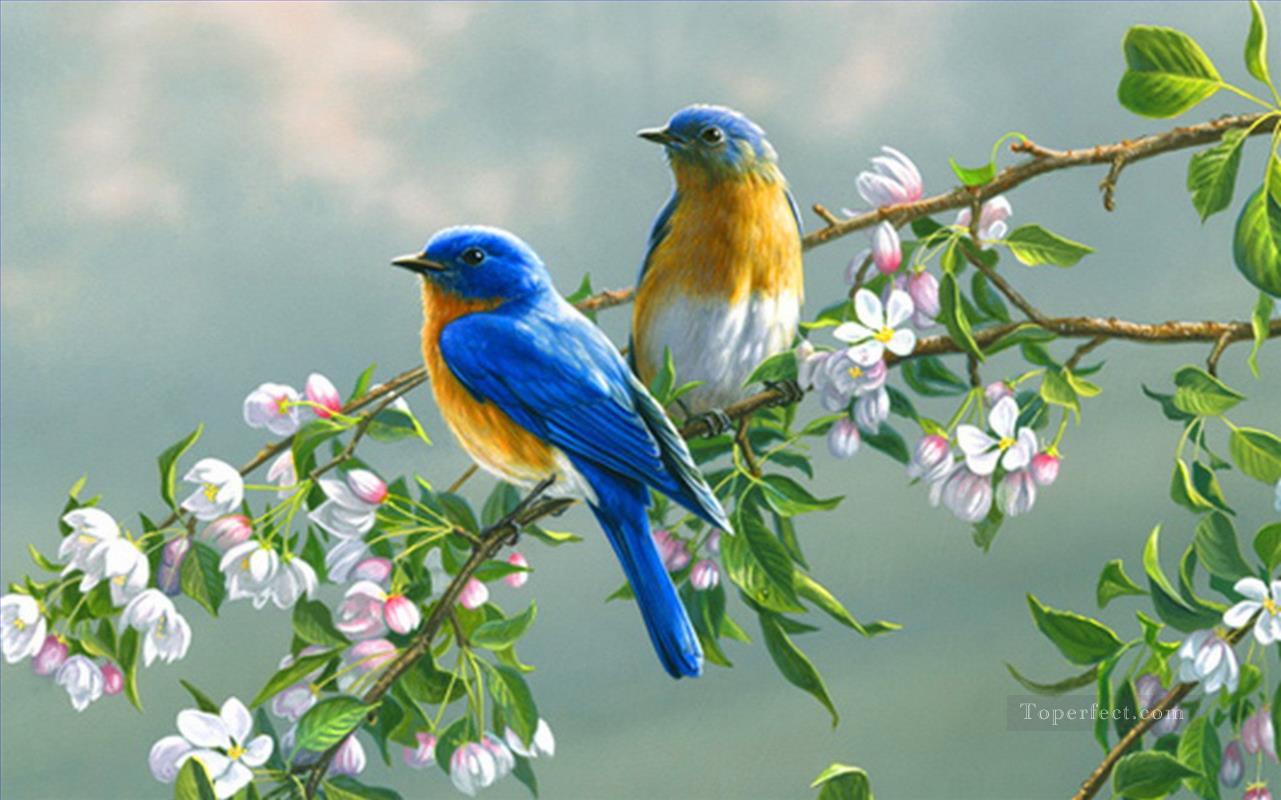 bluebirds avec des fleurs oiseaux Peintures à l'huile